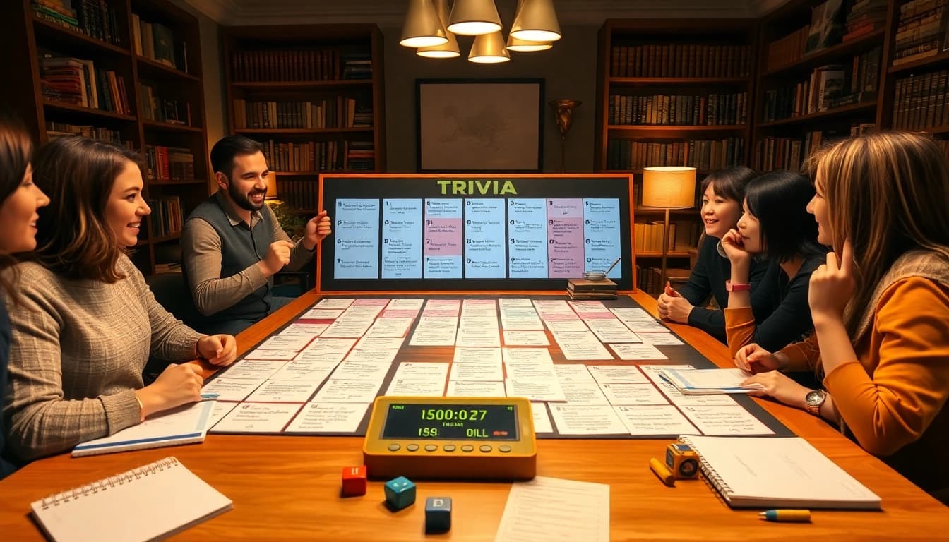 Engaging scene of a trivia game showcasing general knpwledge in a cozy living room.