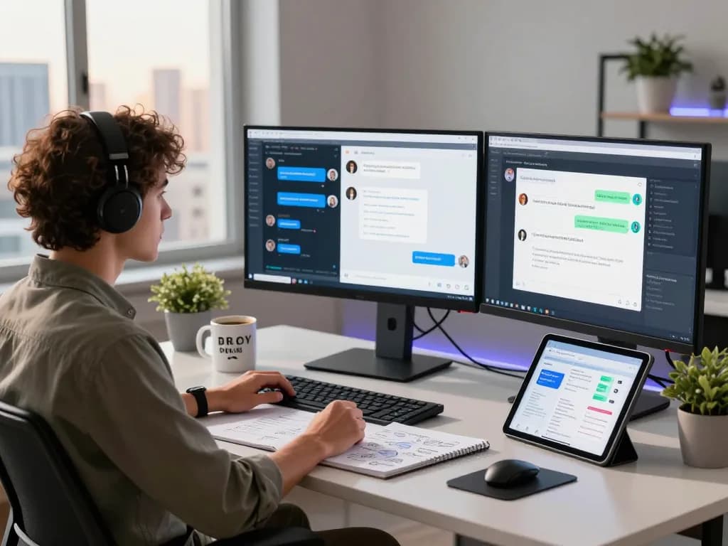Dynamic workspace showcasing crushonai character AI development with vibrant screens and a creative atmosphere.
